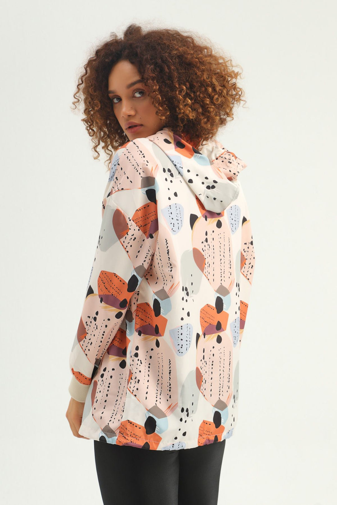 Patterned Hooded Pocketed Raincoat Ecru