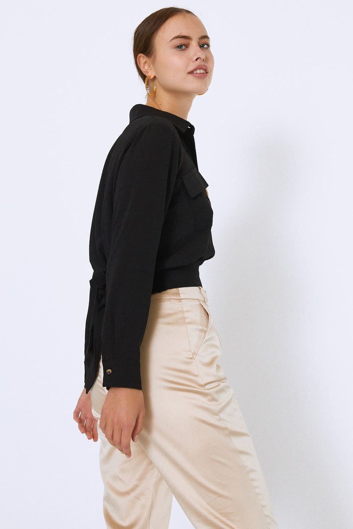 Beli Kuşakli Cepli Gömlek Siyah