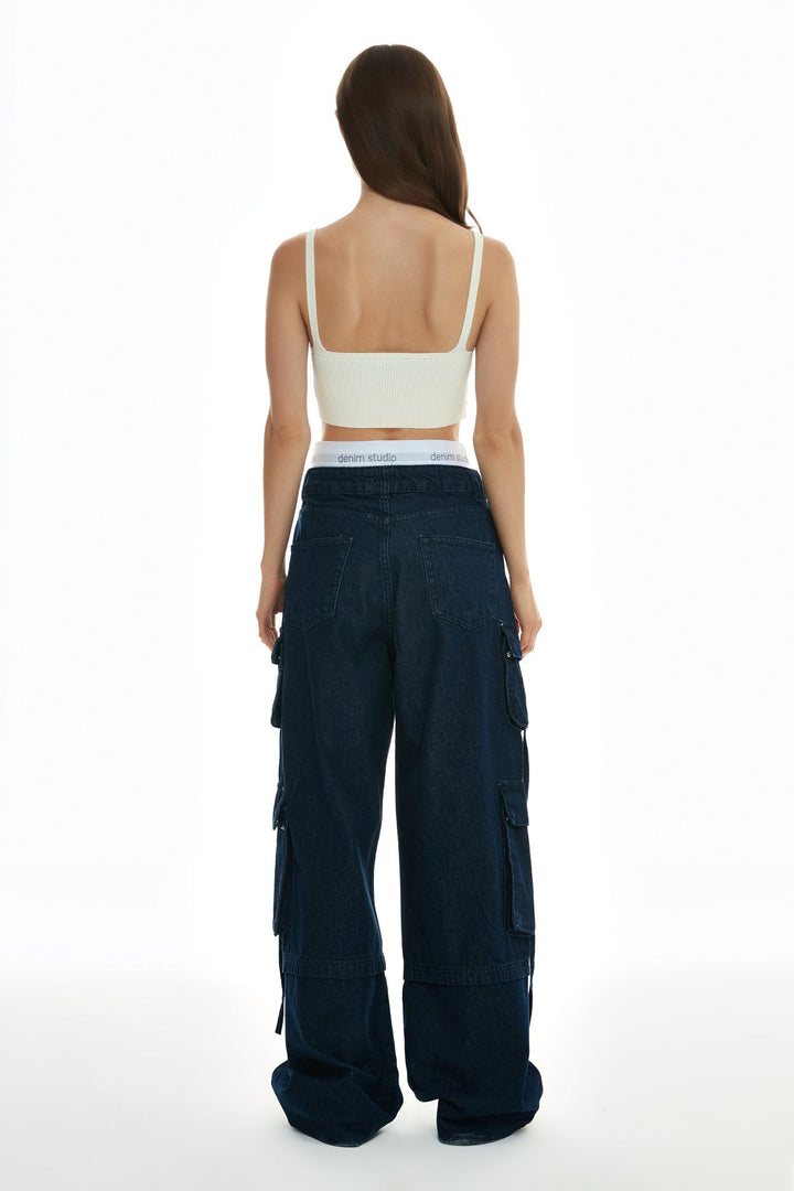 Elastic Detailed Cargo Jeans Blue