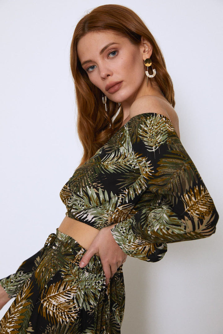 Palm Patterned Crop Blouse Khaki