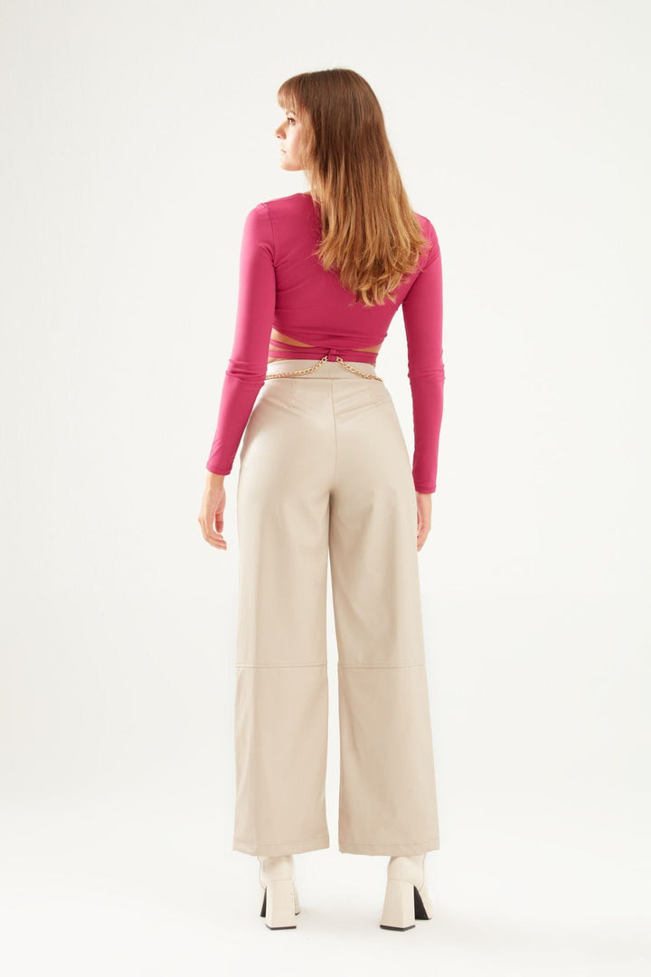 Geniş Paça Deri Pantolon Taş