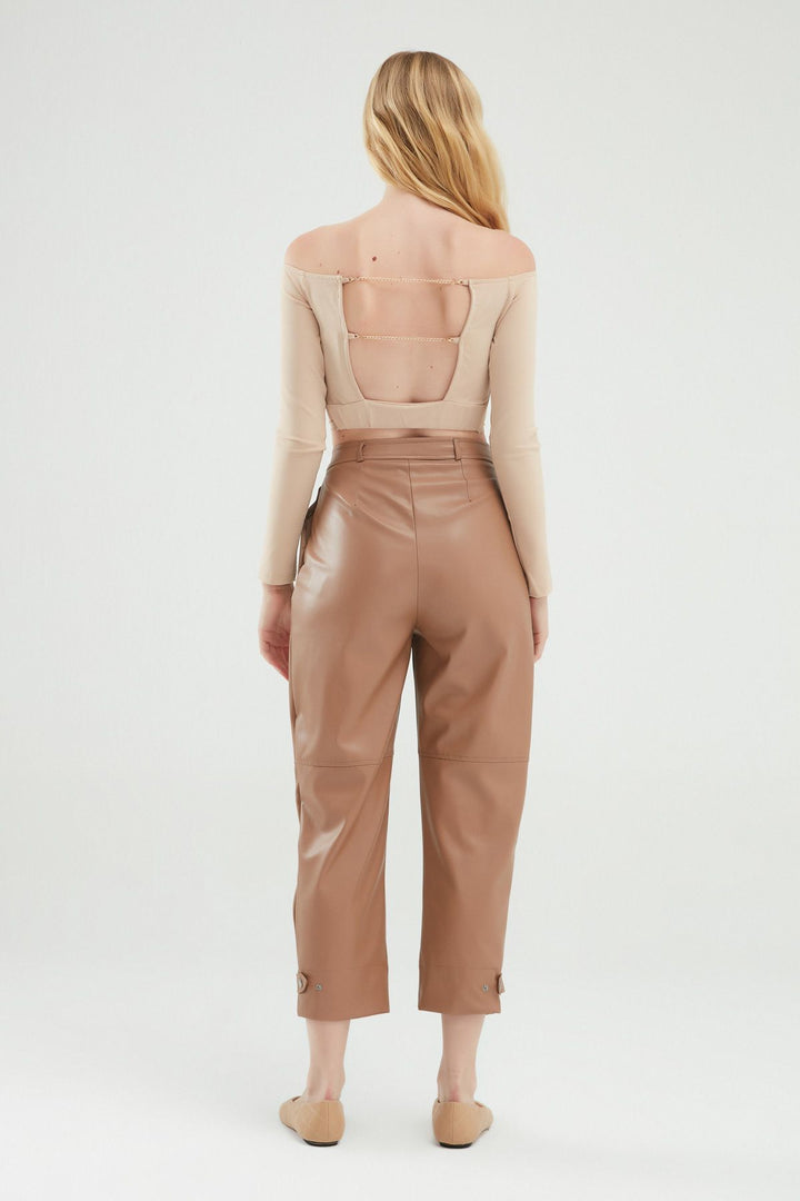 Leather Jogger Camel With Snap Legs