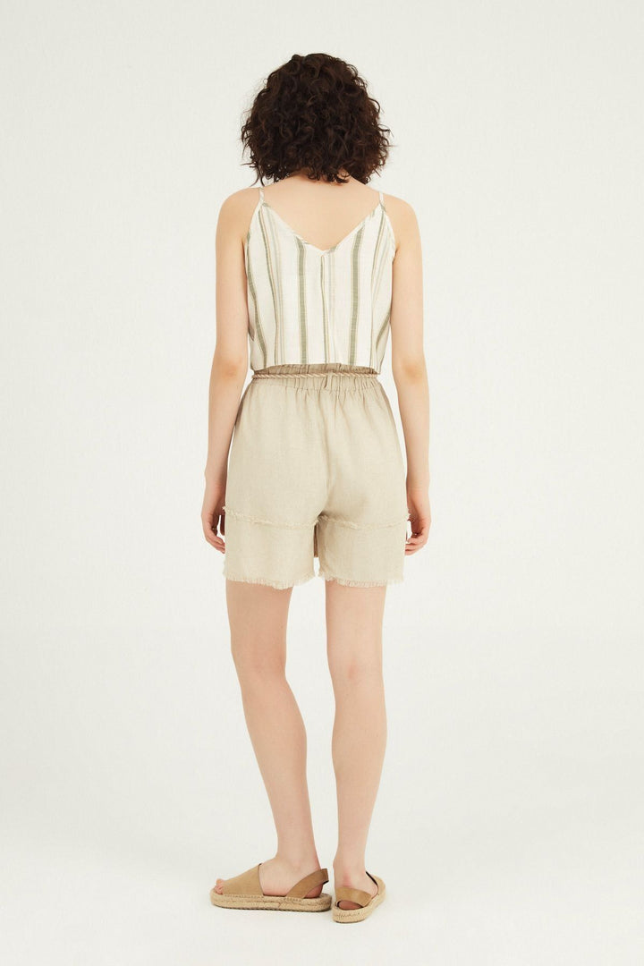 Beli Lastikli Püsküllü Keten Şort Naturel