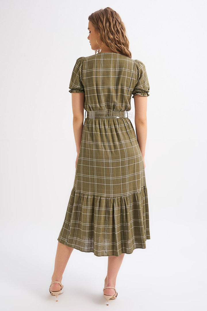 Balon Kol Kemerli Keten Elbise Haki