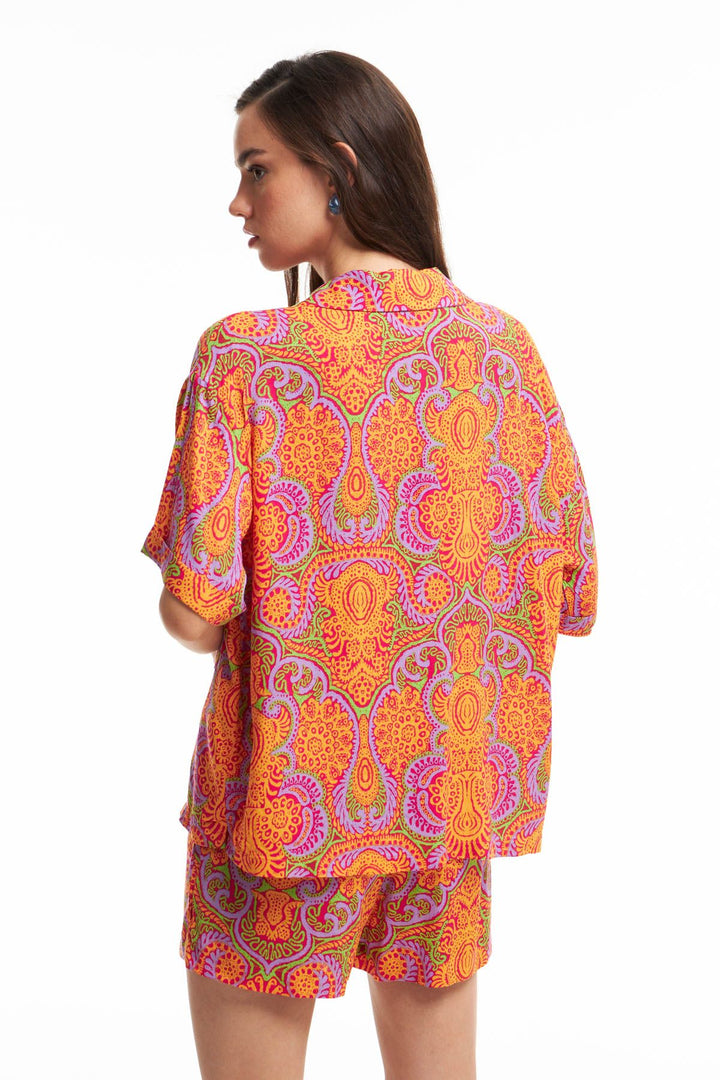 Desenli Kısa Kollu Gömlek Turuncu