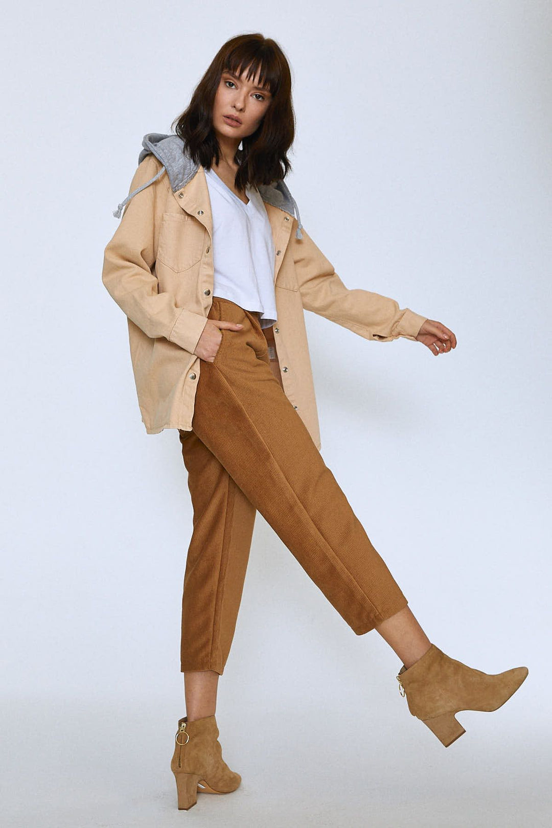 Hooded Shirt Jacket with Pockets Beige