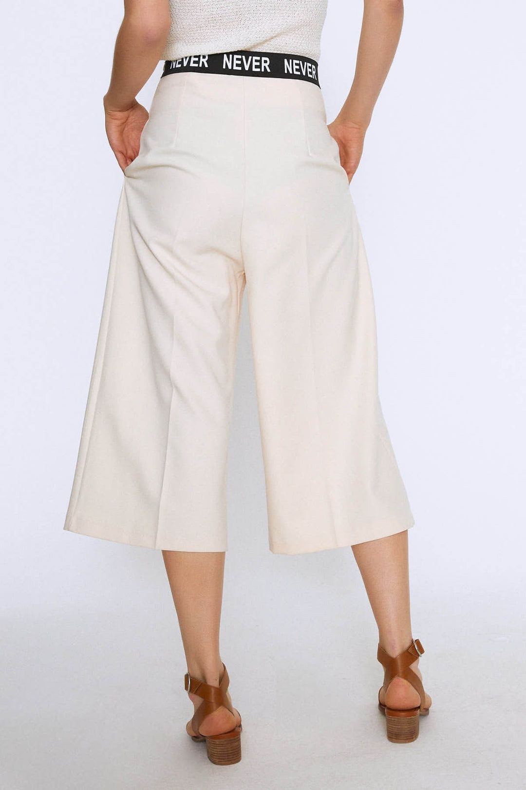 Ribbed Waist Wide Leg Trousers Ecru