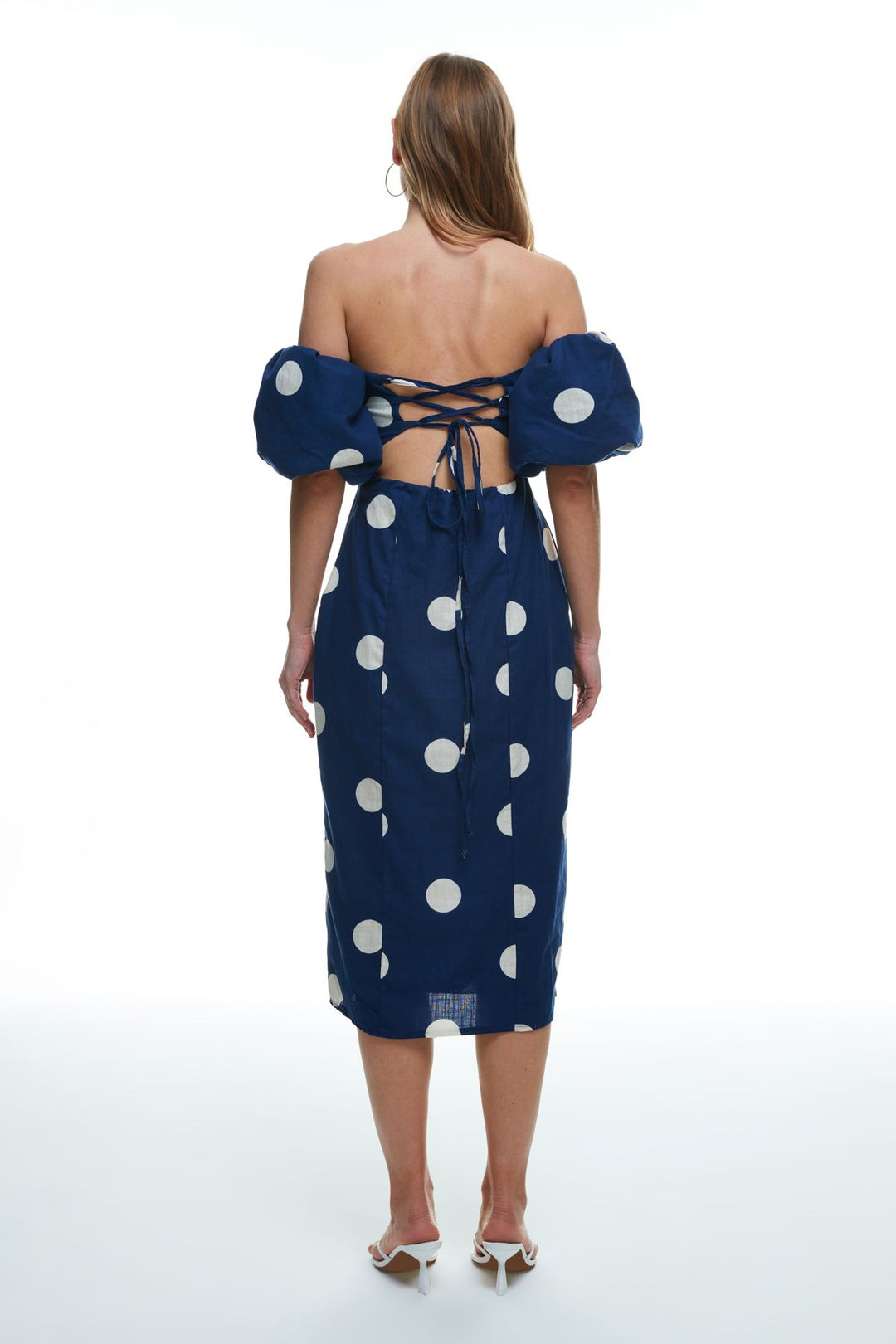 Balloon Sleeve Polka Dot Midi Dress Navy Blue
