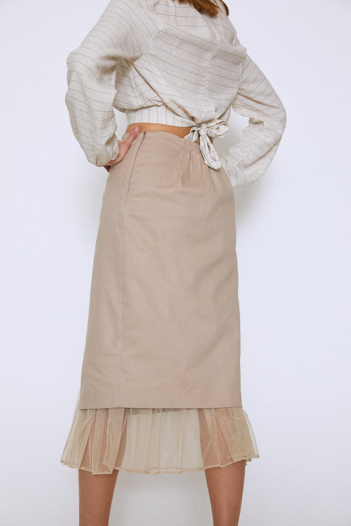 Six Tulle Midi Skirt Beige