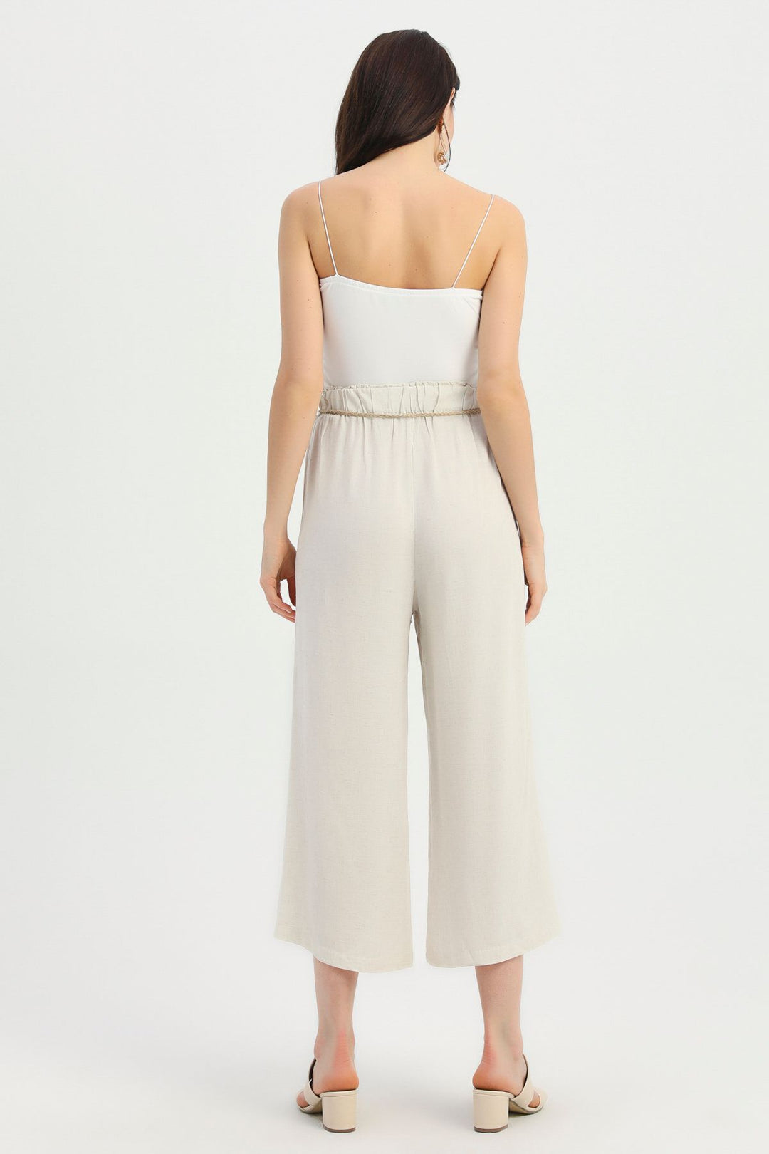 Hasır İp Kemerli Keten Pantolon Ekru