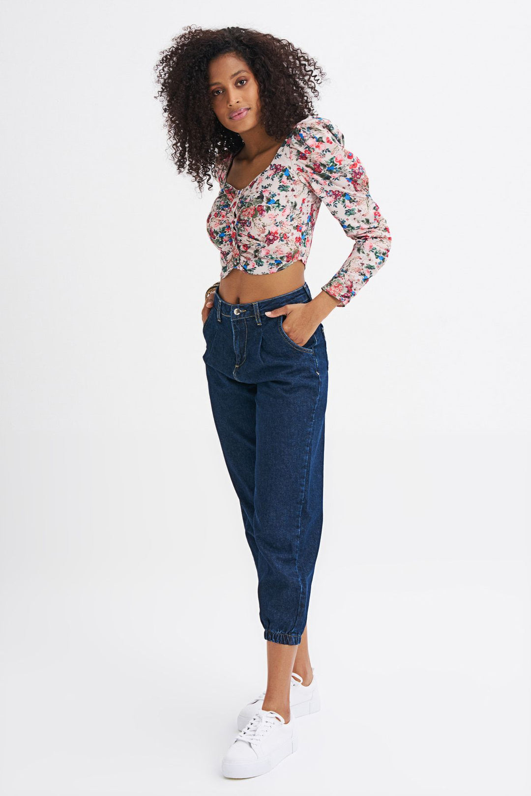 Floral Patterned Button Front Waistband Blouse Beige