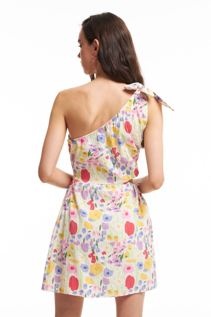 Side Pleated Single Sleeve Dress Ecru