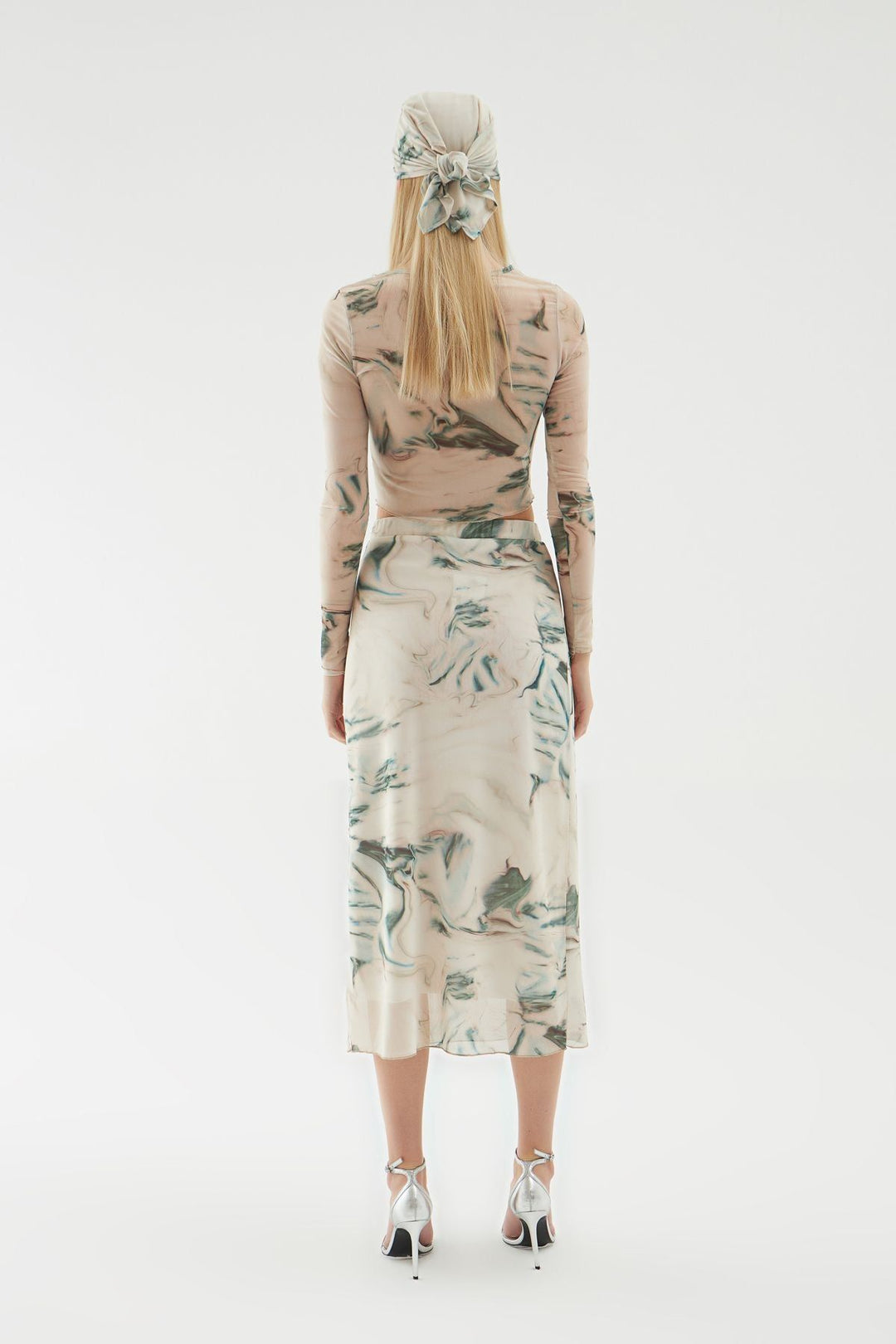 Tie-Dye Patterned Tulle Midi Skirt Stone