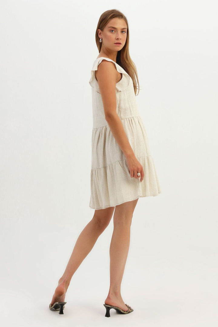 Ruffle V Neck Linen Dress Natural