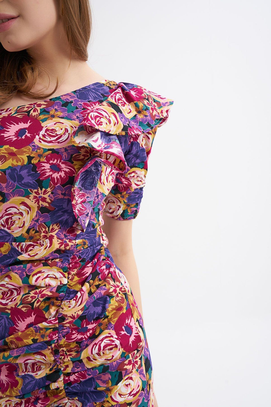 Floral Patterned One Shoulder Dress Purple