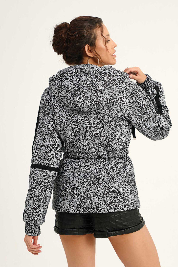 Patterned Hooded Coat Black
