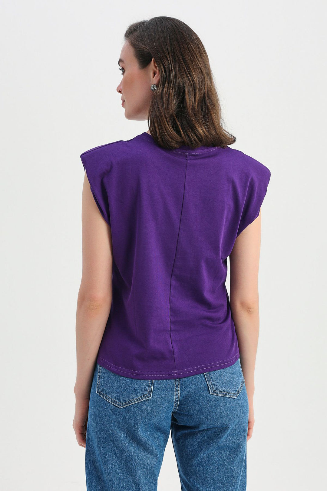 Vatkalı Kolsuz Basic Tişört Mor