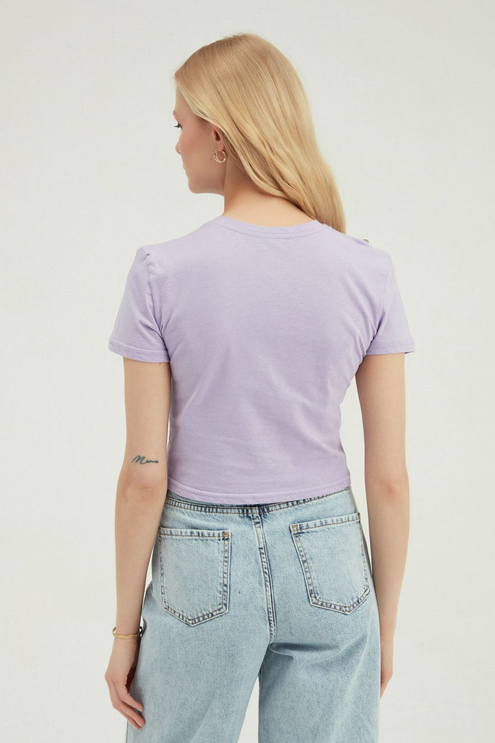 Fermuar Detaylı Crop Tişört Lila