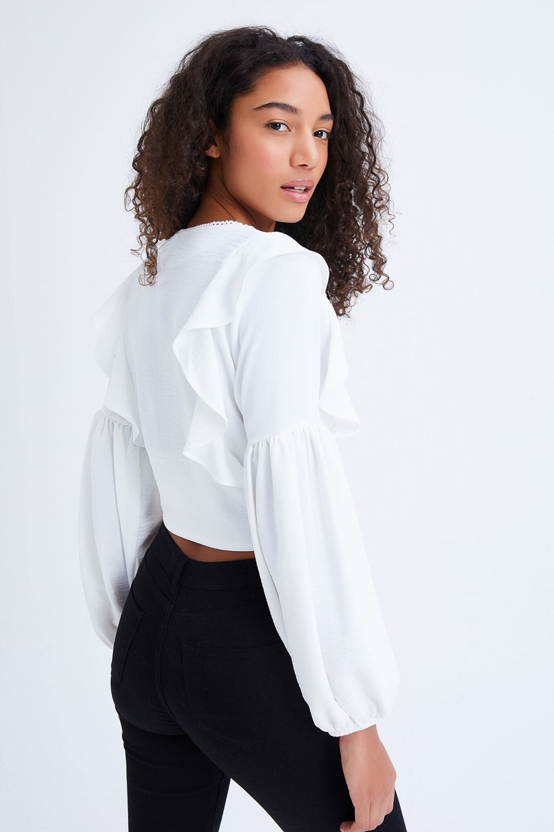 Button Front V-Neck Frilled Blouse Ecru