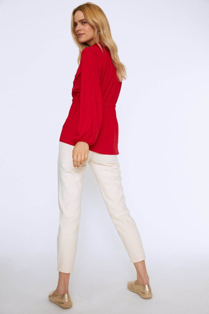 Long Sleeve Blouse With Gipe Waist Red