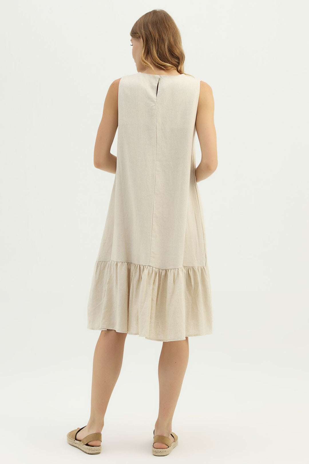 Frilly Hem Linen Dress Natural