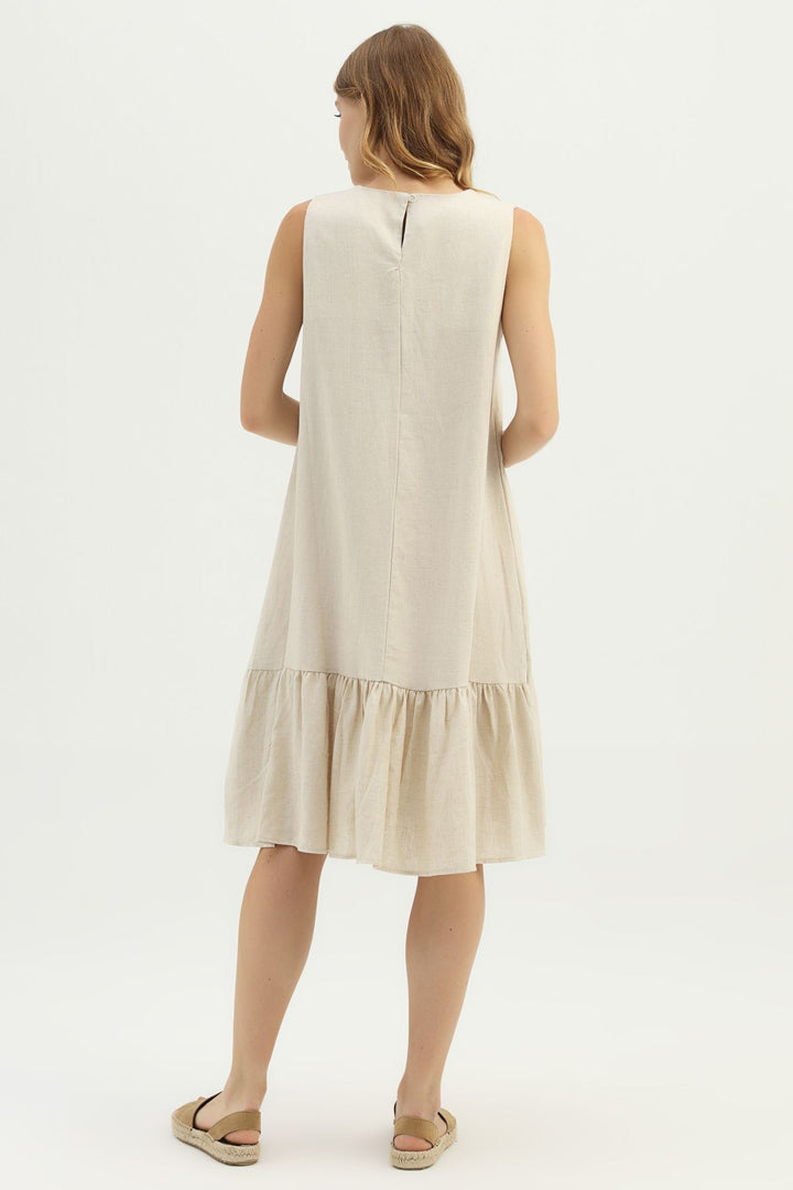 Frilly Hem Linen Dress Natural