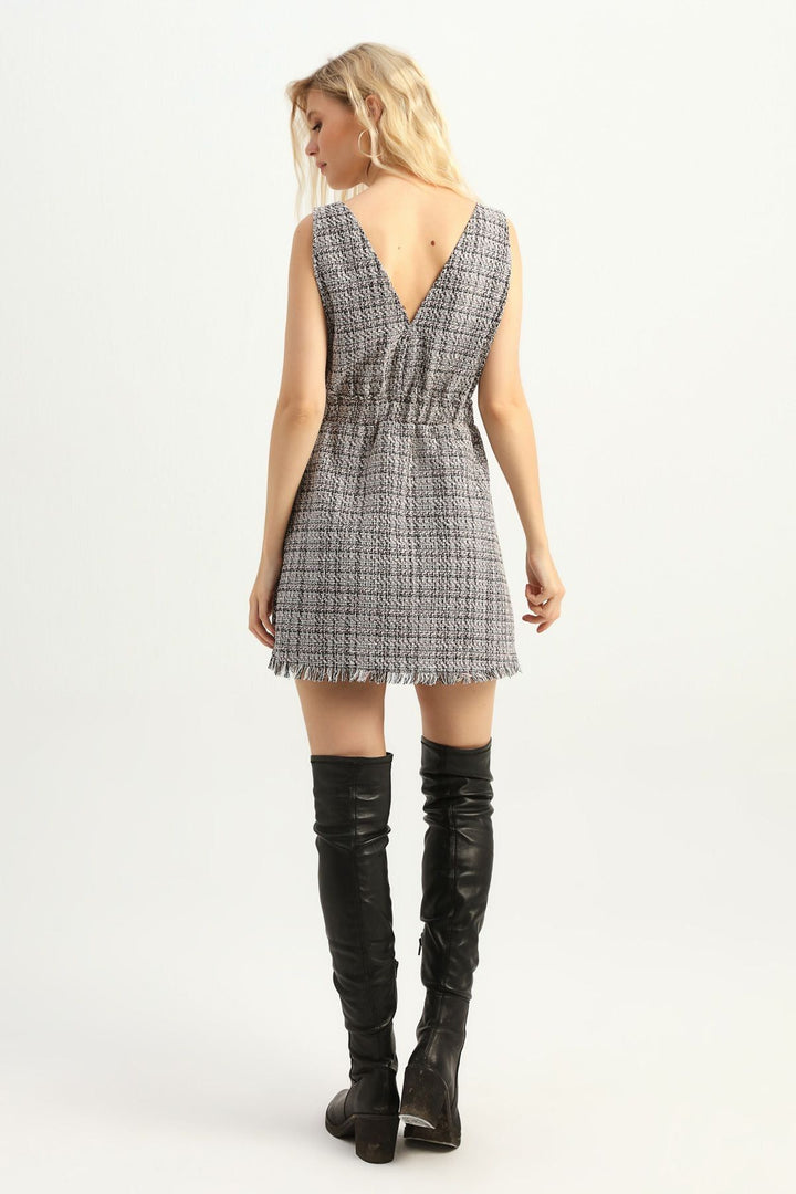 V-Neck Buttoned Tweed Dress Powder