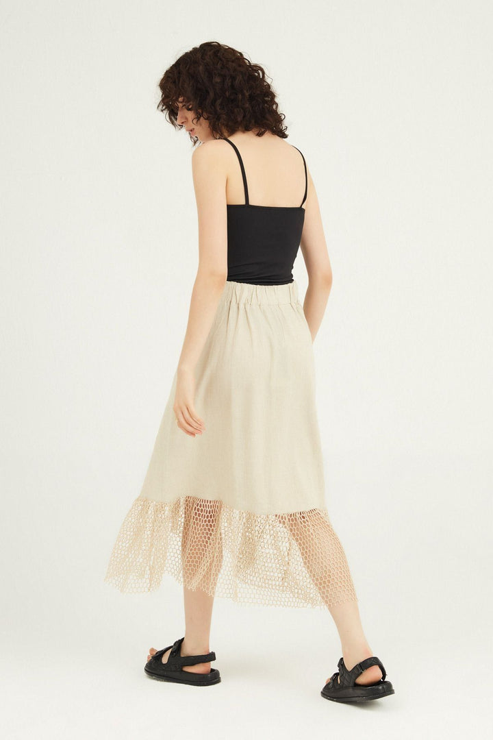 Mesh Detailed Buttoned Linen Skirt Natural
