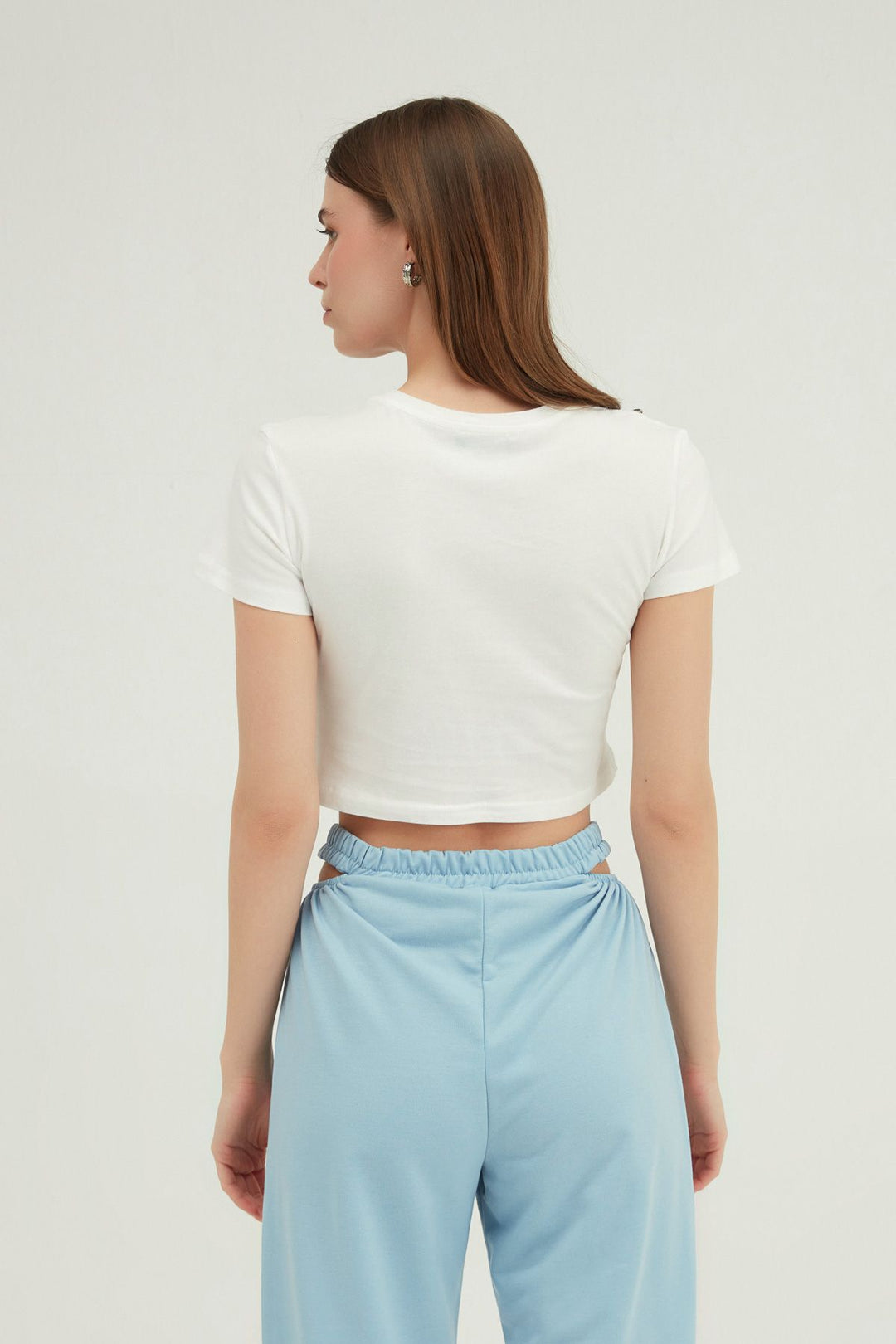 Fermuar Detaylı Crop Tişört Beyaz