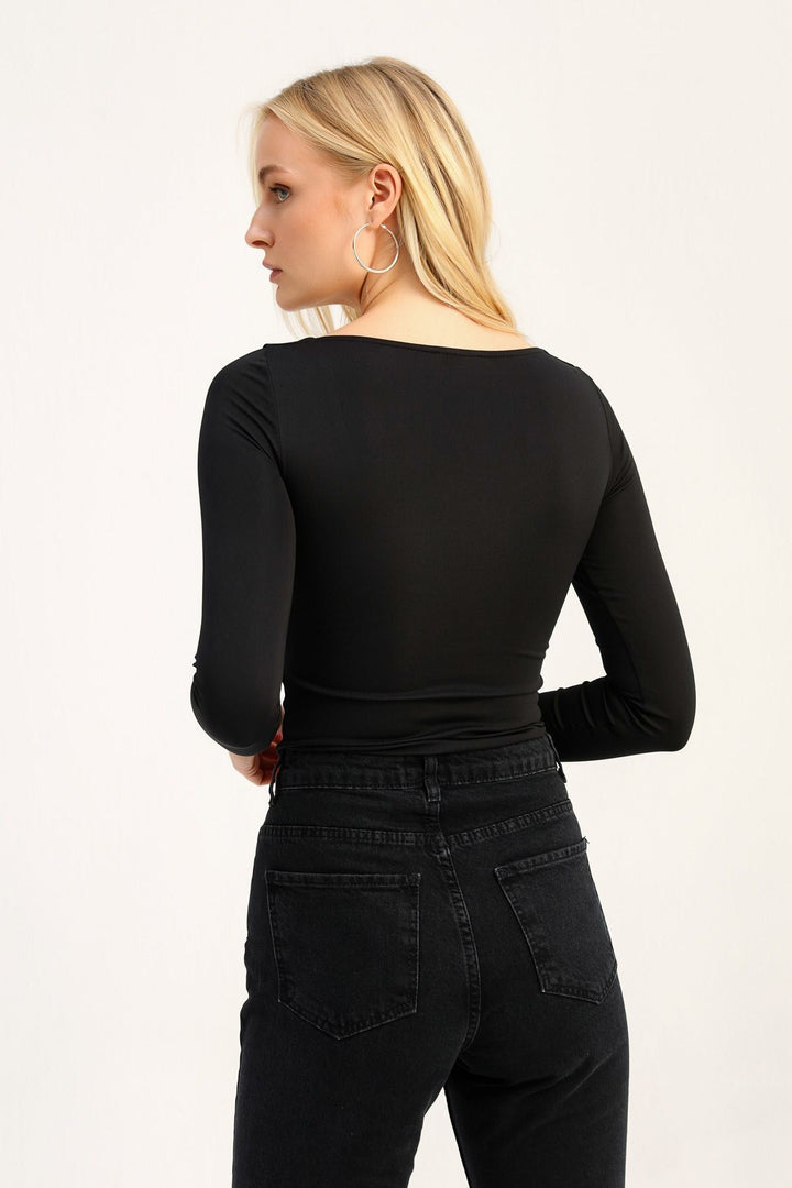 Büzgülü V Yaka Bodysuit Siyah