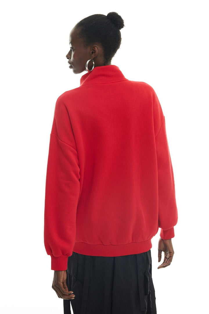 Zippered Turtleneck Sweatshirt Red