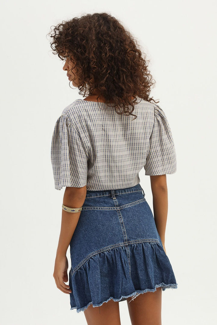 Etek Ucu Pile Detaylı Kot Etek Mavi