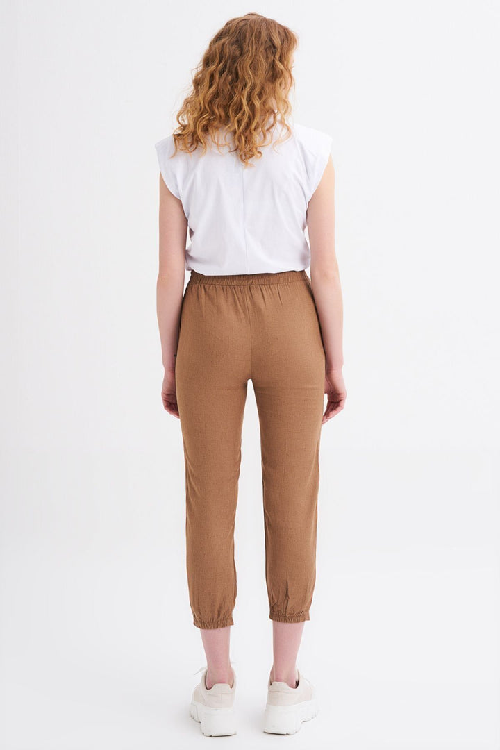 Beli Lastikli Keten Pantolon Kahverengi