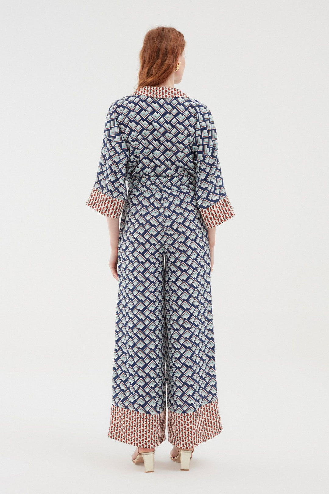 Renkli Desenli Bol Paça Pantolon Mavi