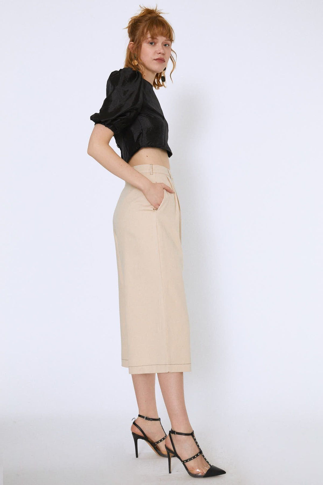 High Waist Front Buttoned Loose Trousers Bone