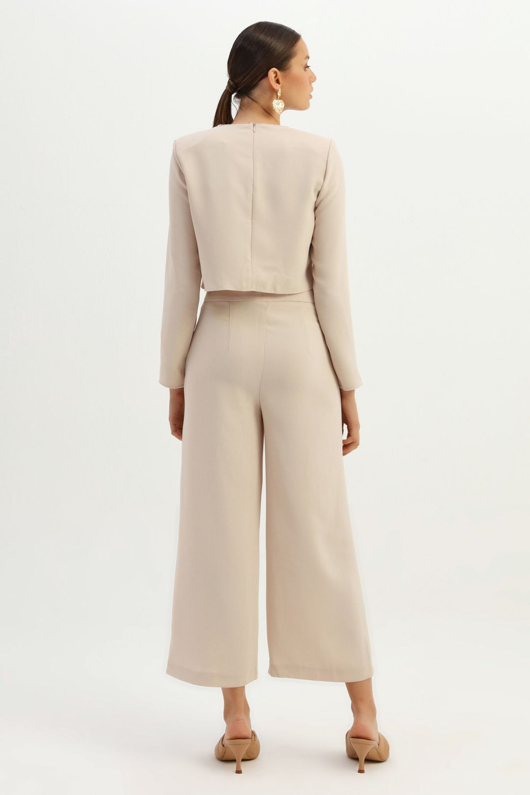 Yüksek Bel Bol Paça Pantolon Bej