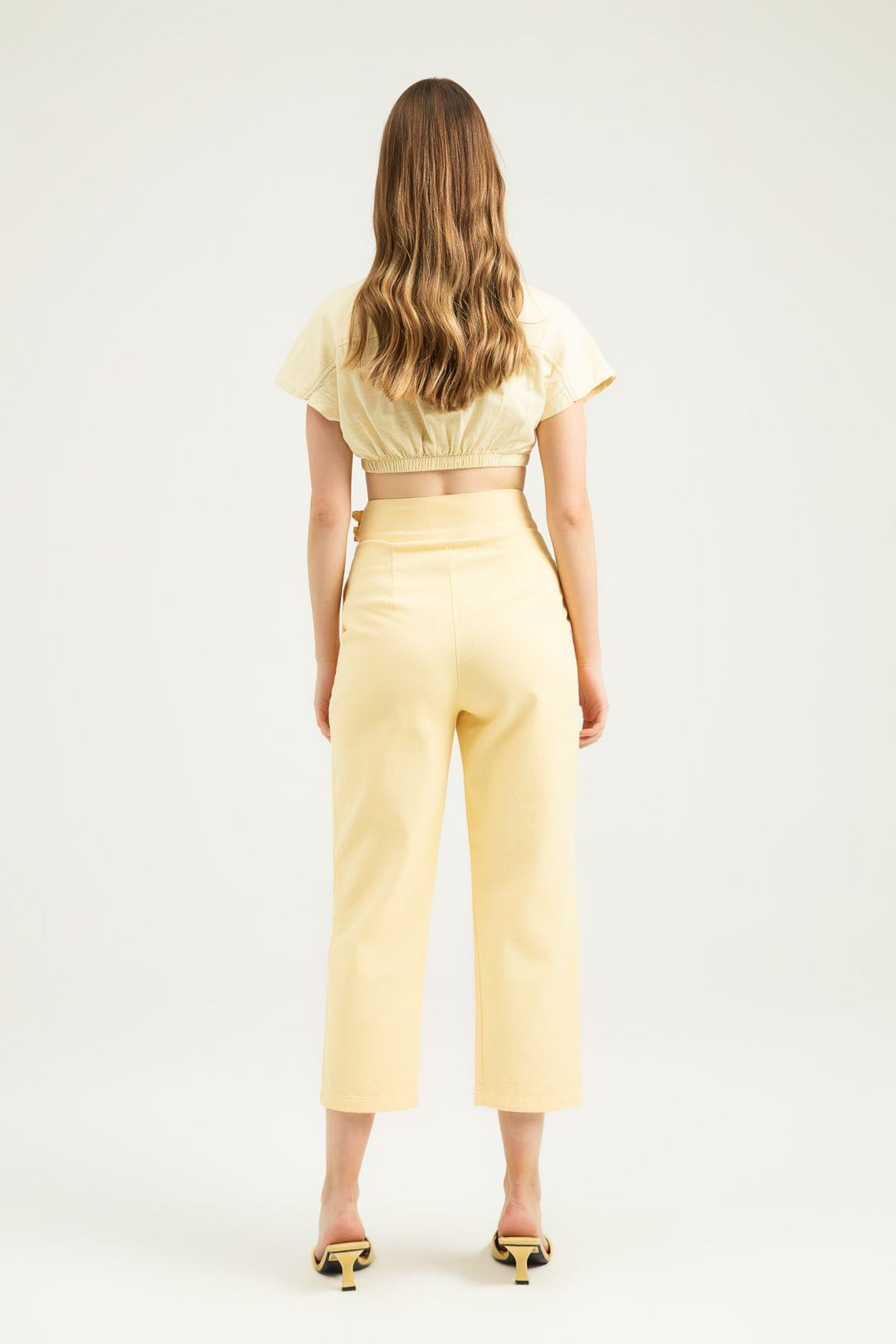 Tokalı Gabardin Yüksek Bel Pantolon Sarı