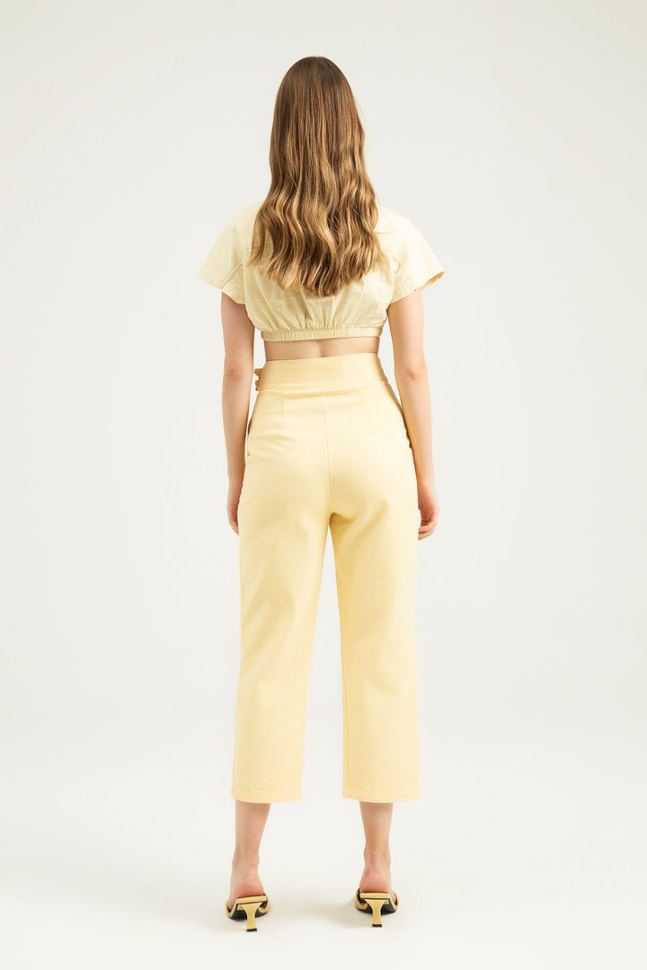 Tokalı Gabardin Yüksek Bel Pantolon Sarı