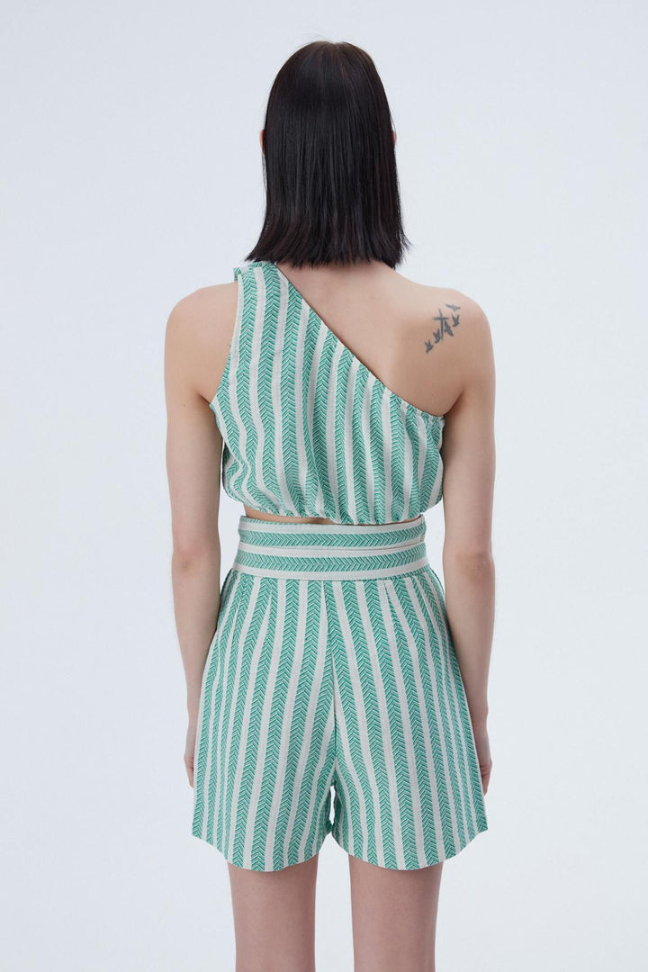 Tek Omuz Crop Bluz Yeşil