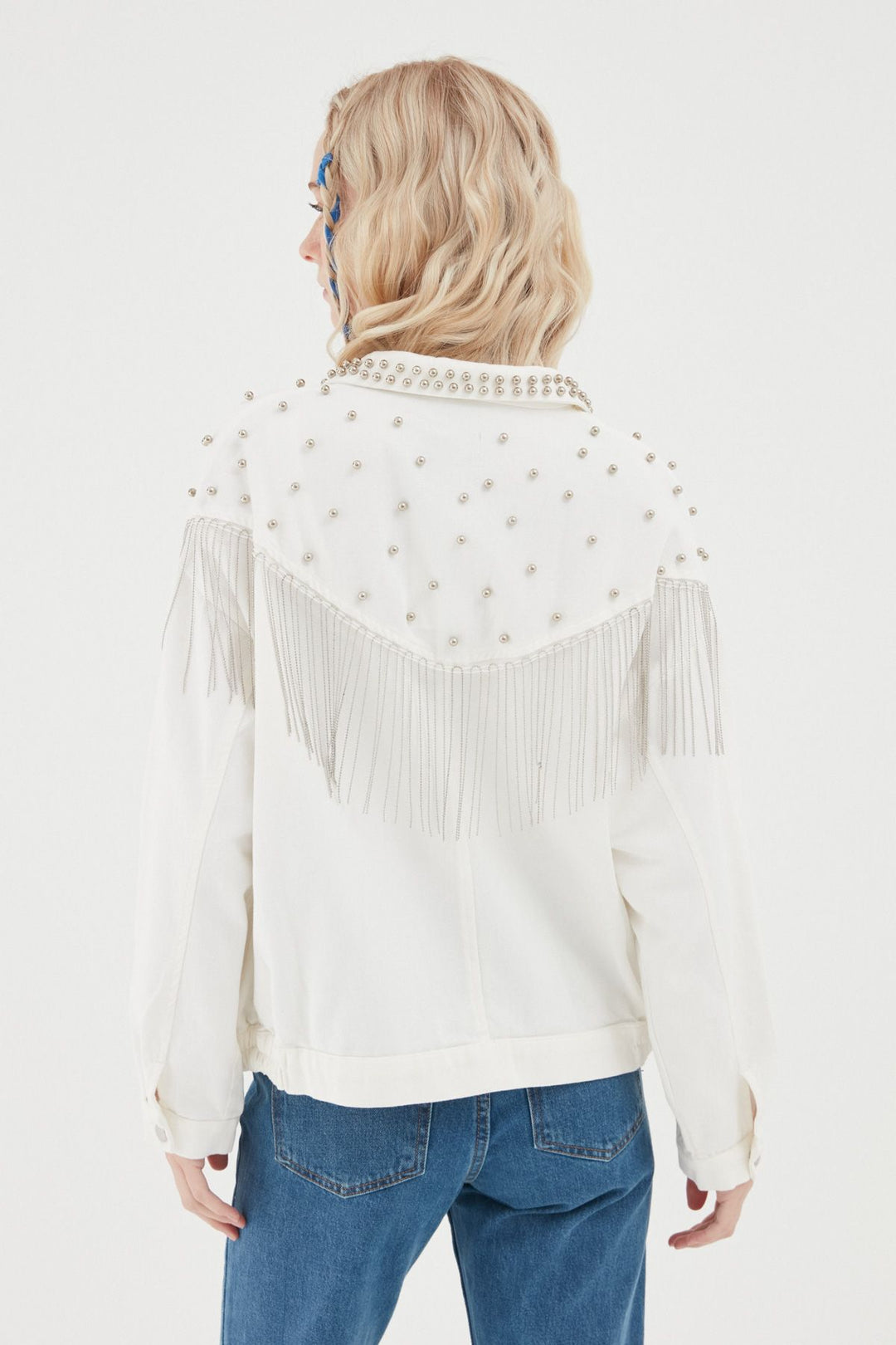 İnci Detaylı Kot Ceket Beyaz