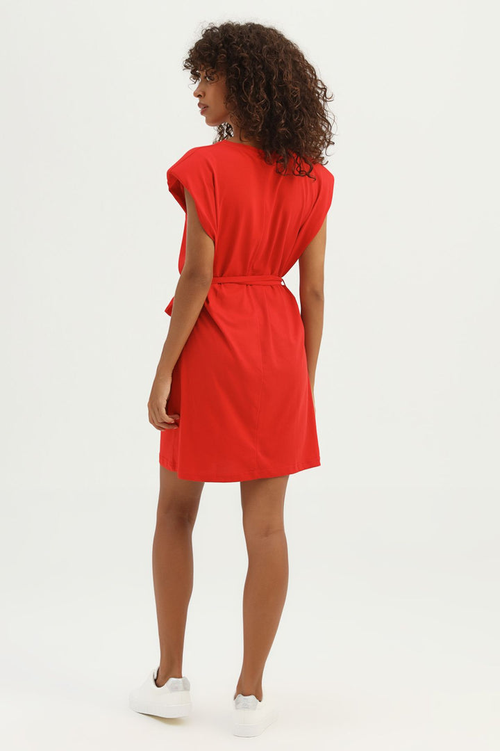 Waistband Waist Belted Basic Dress Red