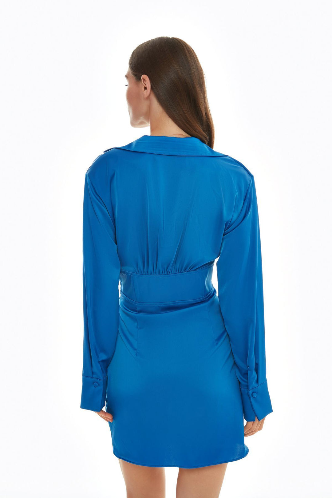 Double Breasted Neck Underwire Detailed Satin Dress Sax