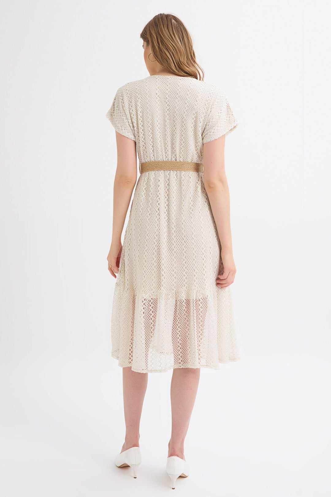 Straw Belt Double Breasted Sleeveless Dress Ecru