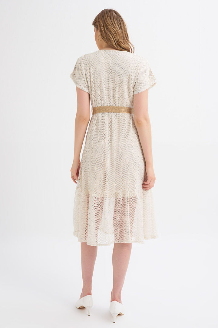 Straw Belt Double Breasted Sleeveless Dress Ecru