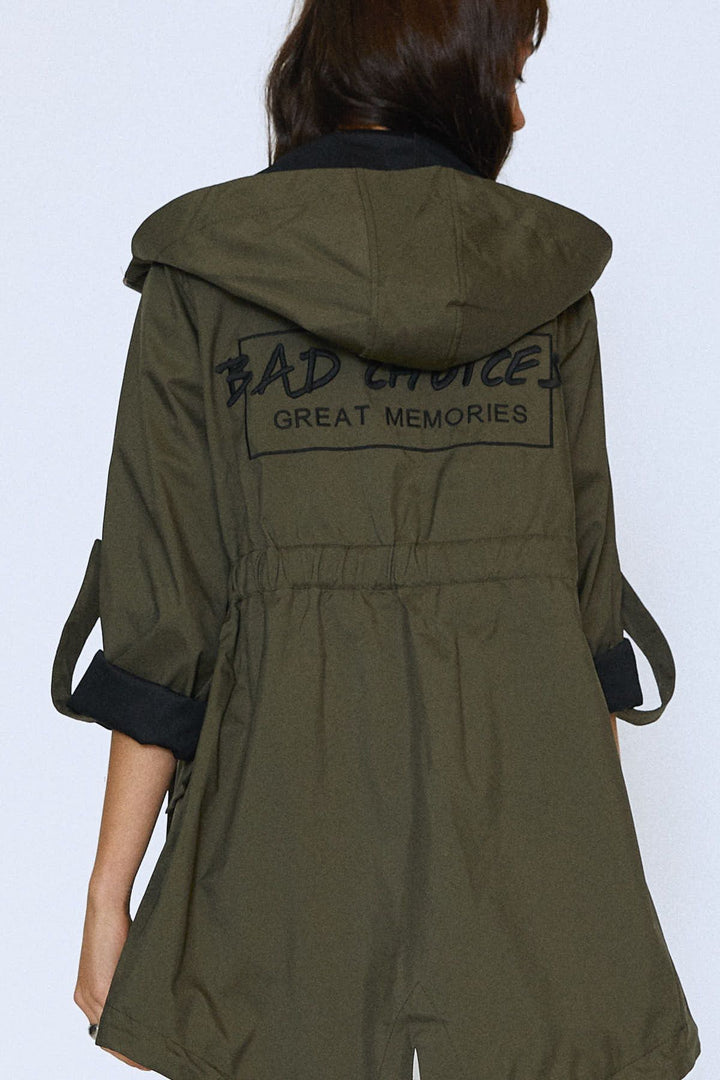 Embroidered Back Hooded Raincoat Khaki