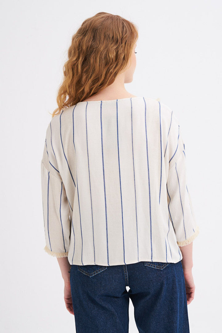 Striped Tassel Detailed V-Neck Blouse Indigo