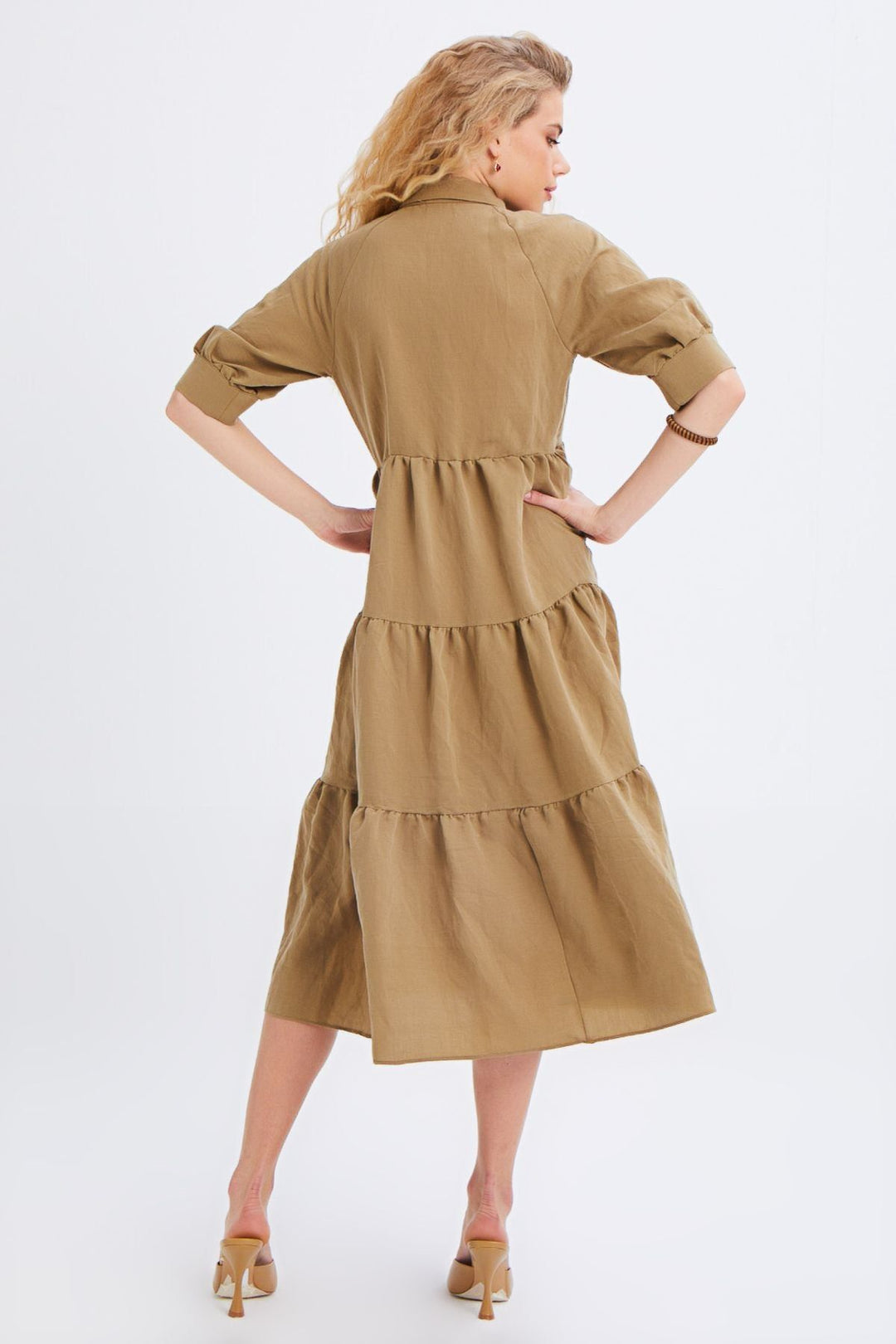 Shirt Collar Raglan Sleeve Dress Khaki