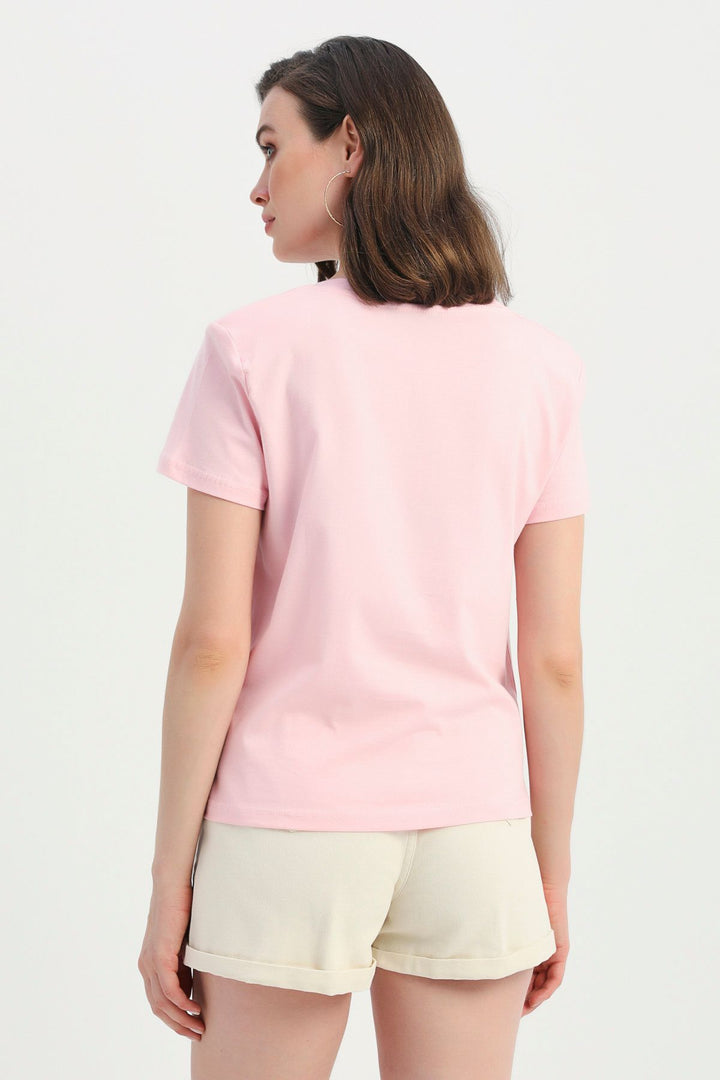 Vatkalı V Yaka Tişört Pembe