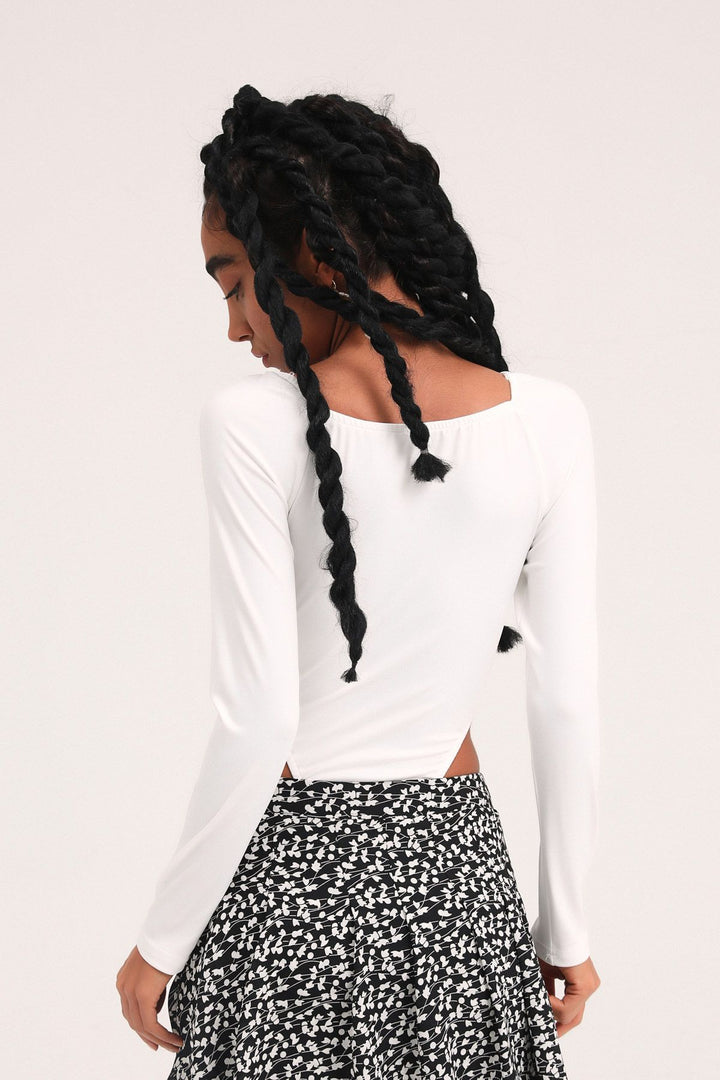 Square Neck Long Sleeve Bodysuit Ecru