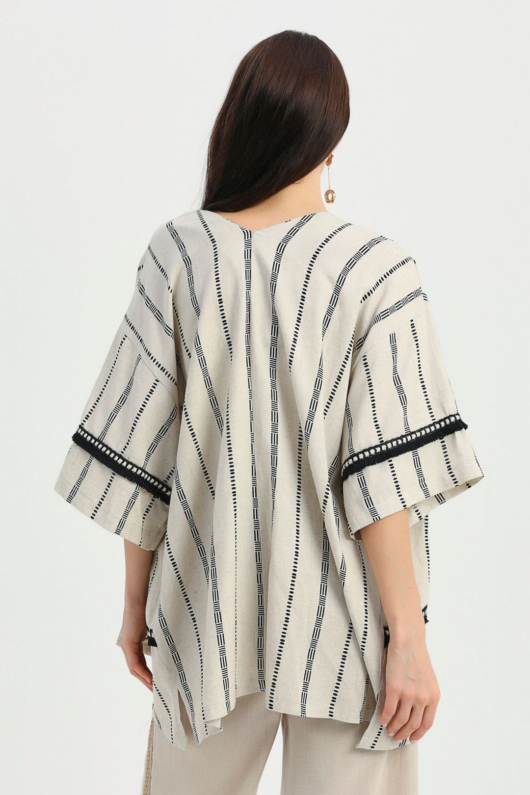 Desenli Şerit Detaylı Keten Kimono Naturel